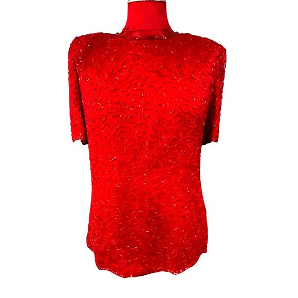 Vintage Laurence Kazar red silk top with beaded design Size S short sleeves - Picture 7 of 13